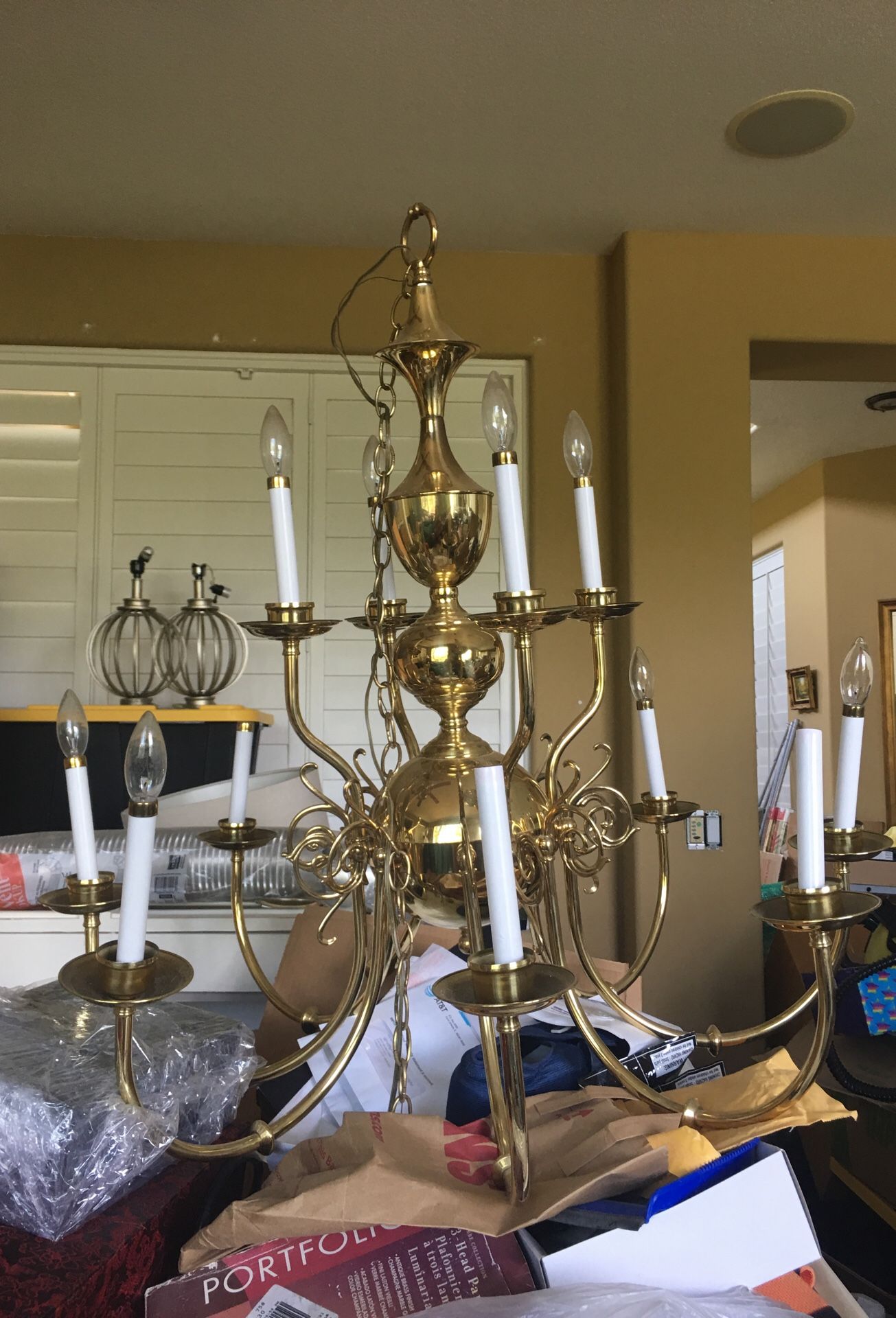 Very Large Brass Spider Chandelier - Includes Black Lamp Shades