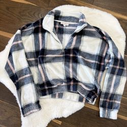 Pink Rose Blue White Peach Plaid Faux Fur Quarter Zip Cropped Pullover Women's Size L