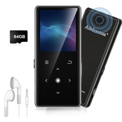 64GB MP3 Player with Bluetooth 5.2, AiMoonsa Music Player with Built-in HD Speaker, FM Radio, Voice Recorder, HiFi Sound, E-Book, Earphones Included
