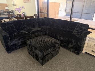 Black Corduroy Sectional Sofa with Ottoman