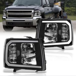 2007 - 2013 Chevy Silverado LED DRL Black Headlights Bumper Signal Lamps Assembly Pair Compatible/Replacement For Silverado 1500 RST 2500HD 3500HD 