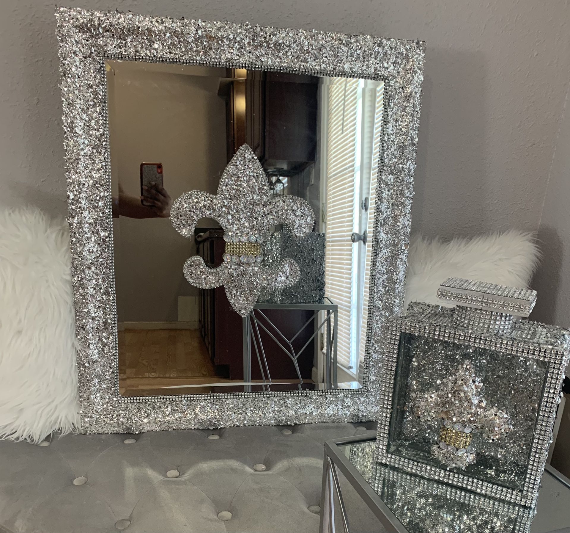 Fleur De Lis Mirror With Matching Perfume Bottle