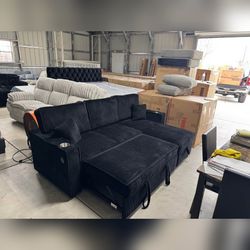 Corduroy sectional pull out sofa bed with USB cup holders and storage