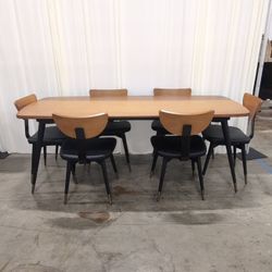 Scandinavian Designs Lanson 7-Piece Dining Set, Solid Poplar Table 79 in and 6 Chairs, Light Walnut with Black and Brass Legs
