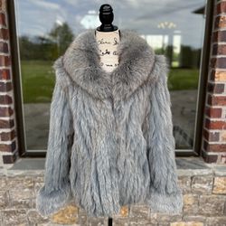 XS / S Real Blue Fox Fur Coat Long Sleeves Dyed Light Blue
