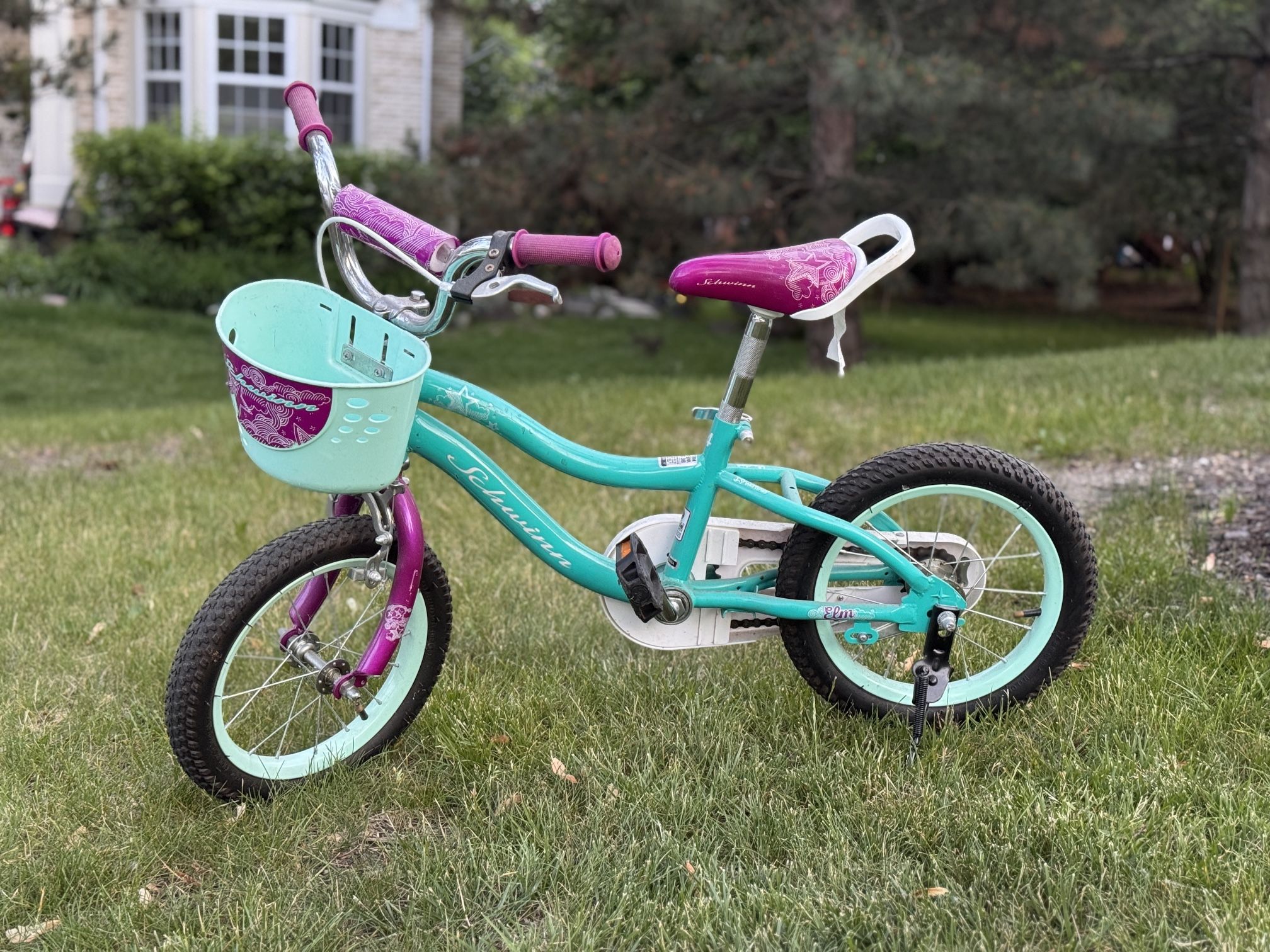 Schwinn Elm BMX Style Toddler and Kids Bike, For Girls and Boys, 14-Inch Wheels, With Saddle Handle, Training Wheels, Chain Guard, and Front Basket, R