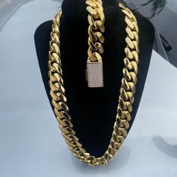 Set Chain & Bracelet 20mm Miami Cuban Link Yellow Gold Plated Chain Necklace 18k & 14k Crab Old School Regular Lock