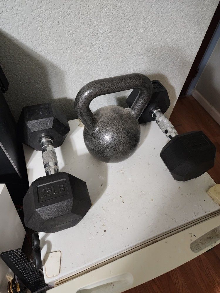 35lb Kettlebell And Pair Of 25lb Dumbells