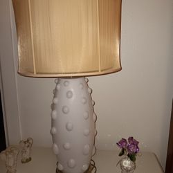 Vintage Milk Glass Lamp With Nylon Pleated Lamp Shade