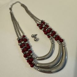Matching Red And Silver Bead Adjustable Necklace And Earrings Set