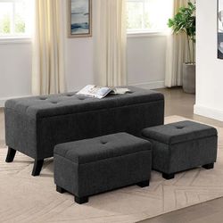 GRAY LINEN STORAGE BENCH OTTOMAN SEATING - MESA BANCOS