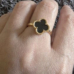 Gold Clover Ring with Black Enamel Accent