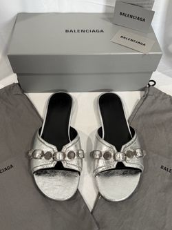 Balenciaga Cagole Metallic Silver Leather Flat Sandals