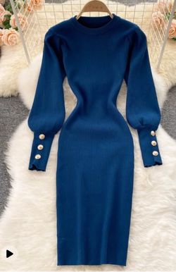 long sleeve knit bodycon, blue, One Size
