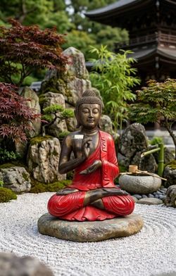 Hand-Carved Wooden Buddha Statue 43” – Indonesia – Red & Bronze Finish – Art