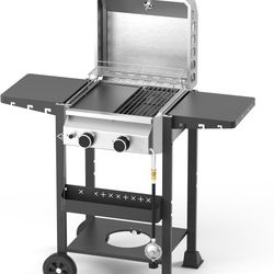 Propane Gas BBQ Grill 2-Burner Barbecue Grills with Cast Iron Frying Pan and Grates Combo, 16000 BTU Output Stainless Steel Grill for Outdoor Cooking,