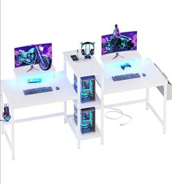 White Gaming Desk with LED Lights and Shelves