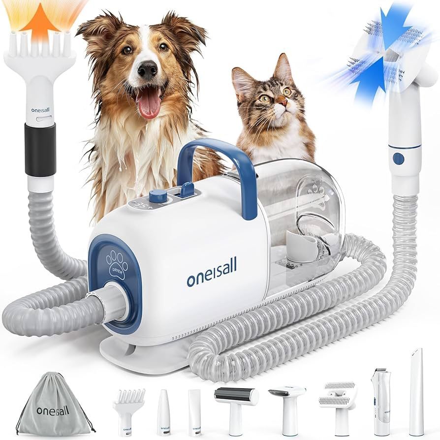 oneisall Dog Vacuum & Dryer 8-in-1 Grooming Kit w/ Clippers & Blower
