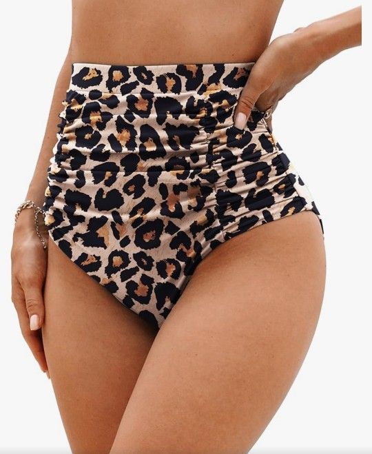 Leopard Print High Waisted Bikini Bottoms W/ Tummy Control Women Sz XXL (20-22)