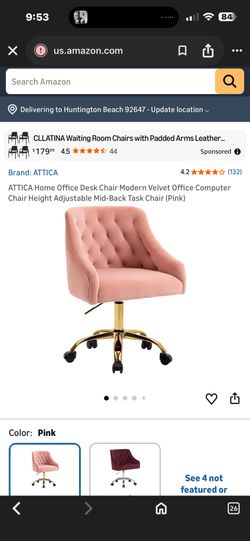 New in the box pink velvet swiveling adjustable height office chair or vanity chair with gold base