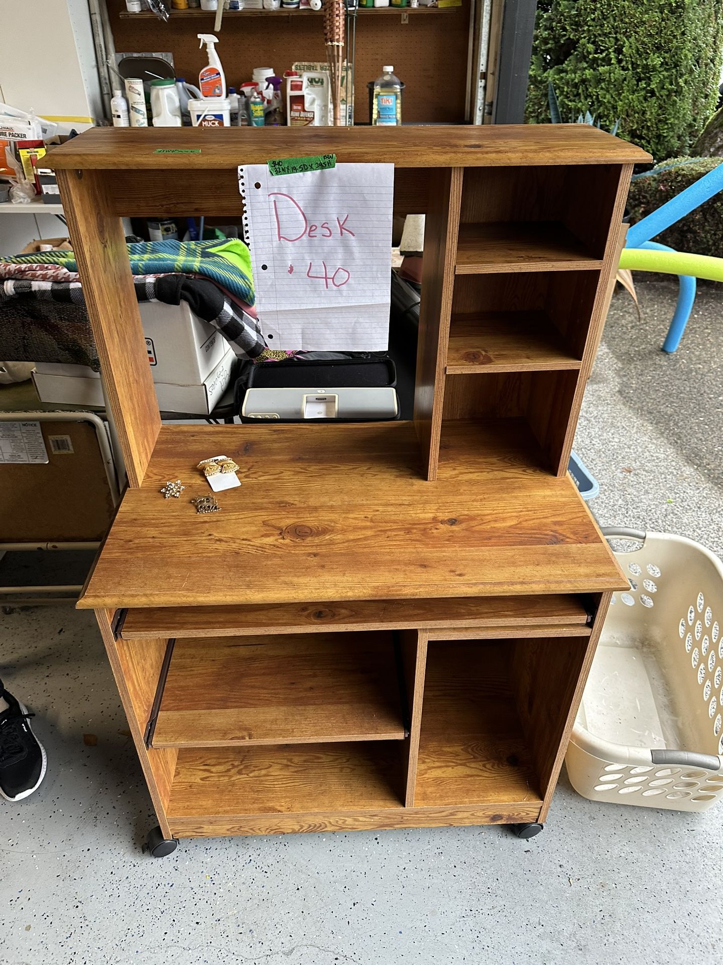 Student desk with slide out for keyboard and a slide out shelf