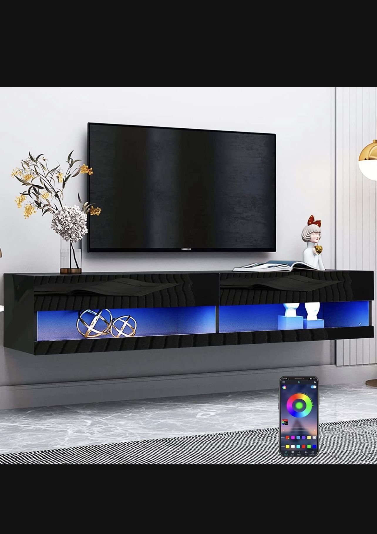 JUNDALIE High Gloss 70in Floating TV Stand with LED Lights for 85 inch TV, Wall Mounted LED TV Stands with Storage Cabinet, Floating Entertainment Cen