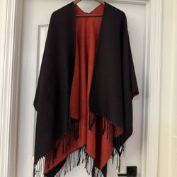 Kollie More Reversible Shawl / Wrap Poncho – One Size – Brown & Red Fringe