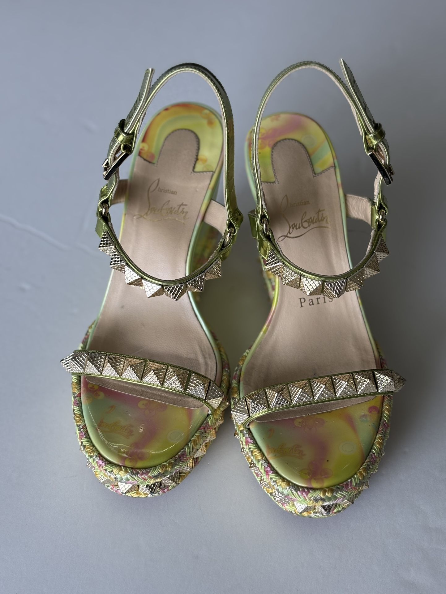 AUTHENTIC CHRISTIAN LOUBOUTIN, GOLD STUDDED SANDALS SIZE 37
