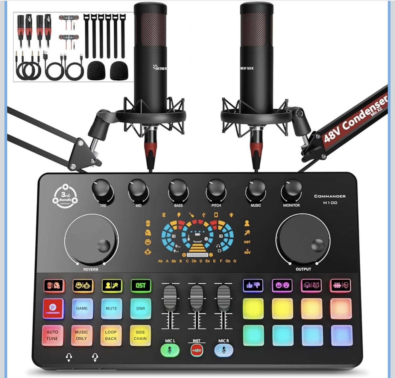 Podcast Equipment Bundle for 2, Audio Interface DJ Mixer with 48V XLR Condenser Microphone, RGB,Voice Change, for Streaming, Podcast Recording,Tiktok,