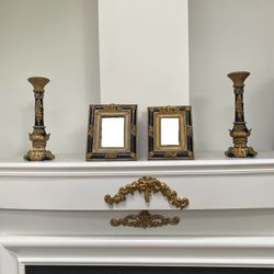 Baroque Colonial Style 2 Candlesticks & 2 Picture Frames Antique Gold & Black 