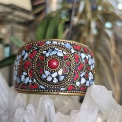 Coral / Mother Of Pearl Cuff Bracelet 