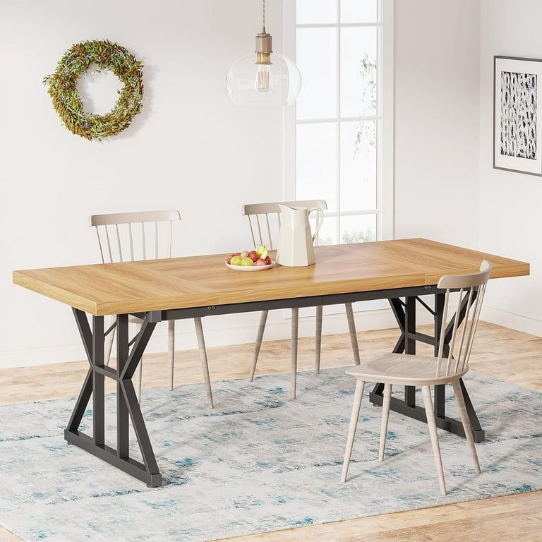 Tribesigns Farmhouse Dining Table for 6, 71" Rectangular Wood Kitchen Table (Light Walnut/Black)