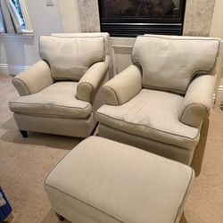Belmar Linen Club Chairs + Ottoman Down Filled, Slipcovered, Designer Quality