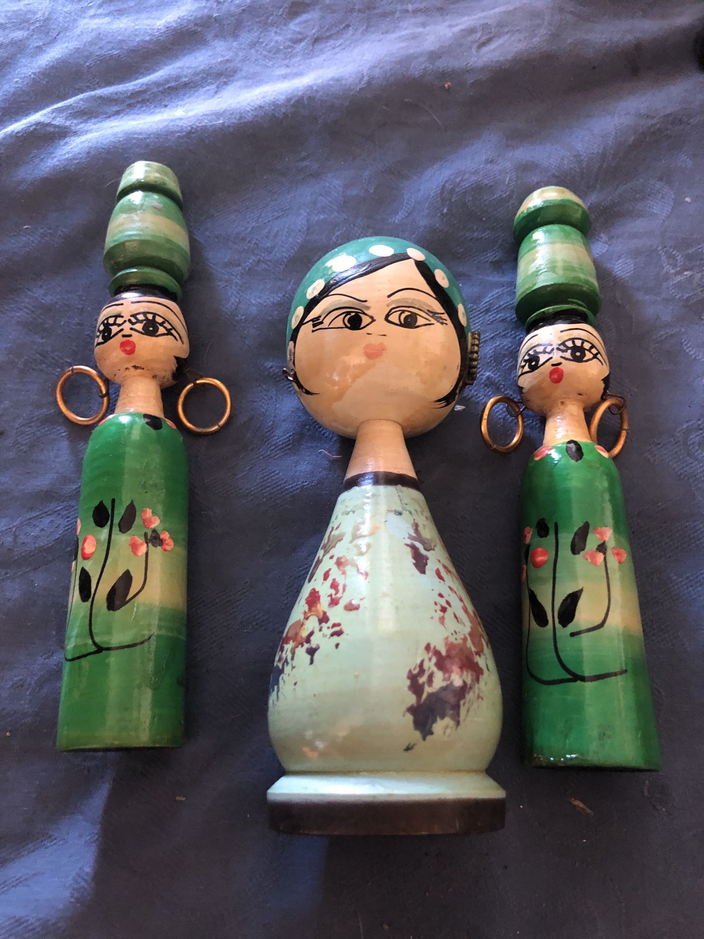 Set of three Vintage Rokeshi Turned Peg Wood Dolls