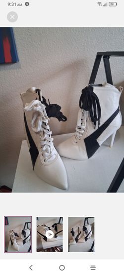White and Black Lace-Up Stiletto Ankle Boots