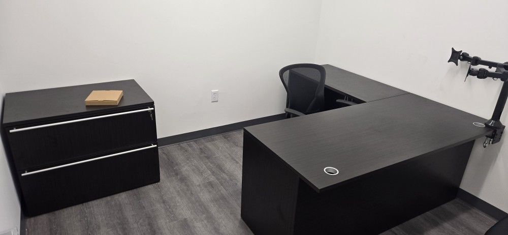 Desk, Filing Cabinet, and Chair