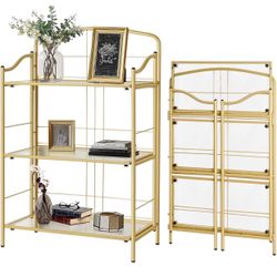 No Assembly Bookshelves, 3 Tier Classic Gold Folding Book Shelf, Foldable Bookcase with Glass Shelf,