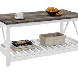 2-Tier Rectangular Wooden Centre Cocktail Table with Slats Shelf Storage and V-Shaped Frame, Oak Gray