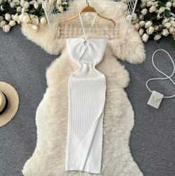 White Ribbed Knit Halter Midi Dress