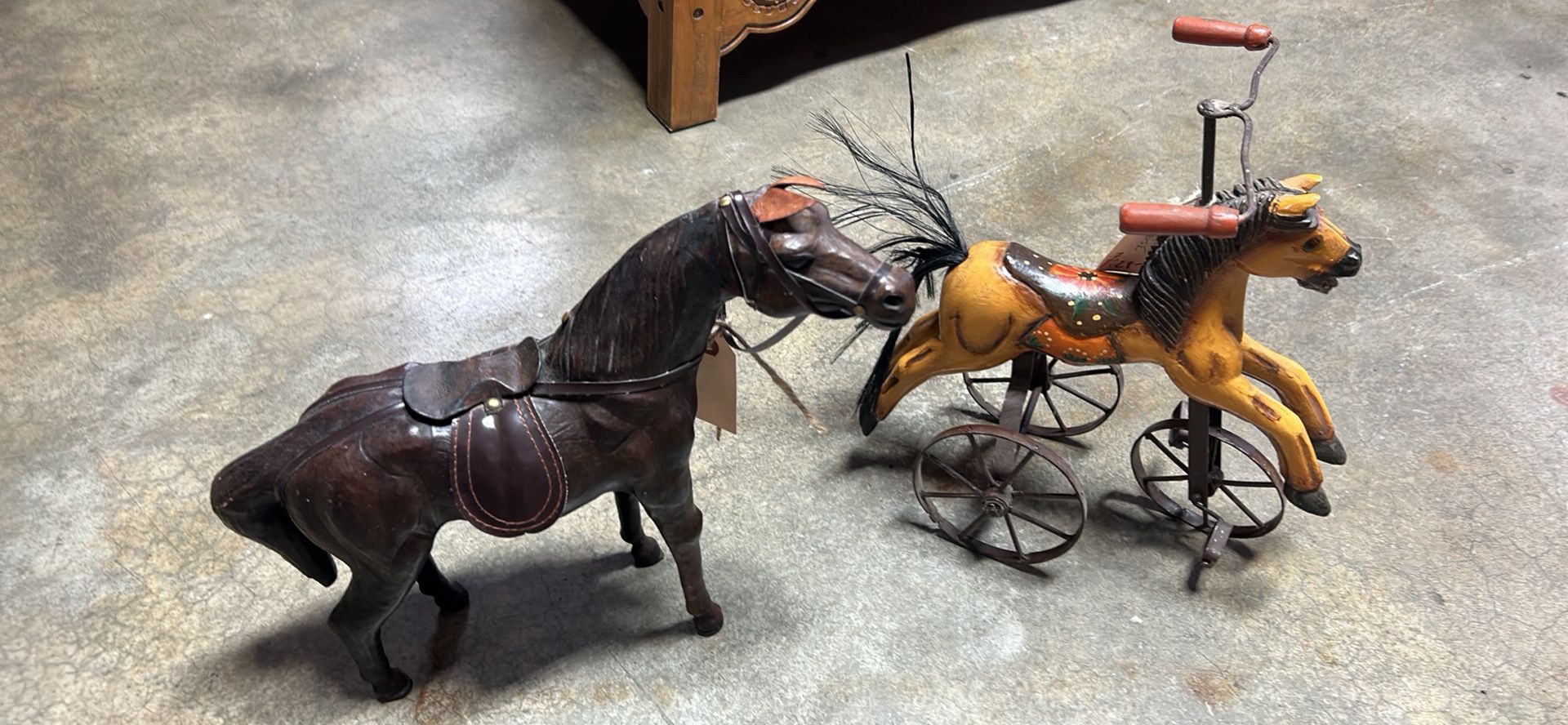 Vintage Leather Horse /wood Bicycle Horse Sold As Set 