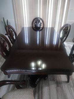 wood dinner set includes 6 chairs, table, and buffet cabinet