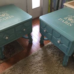  End  tables, nightstands, teal, Paris, gray construction, Ghent