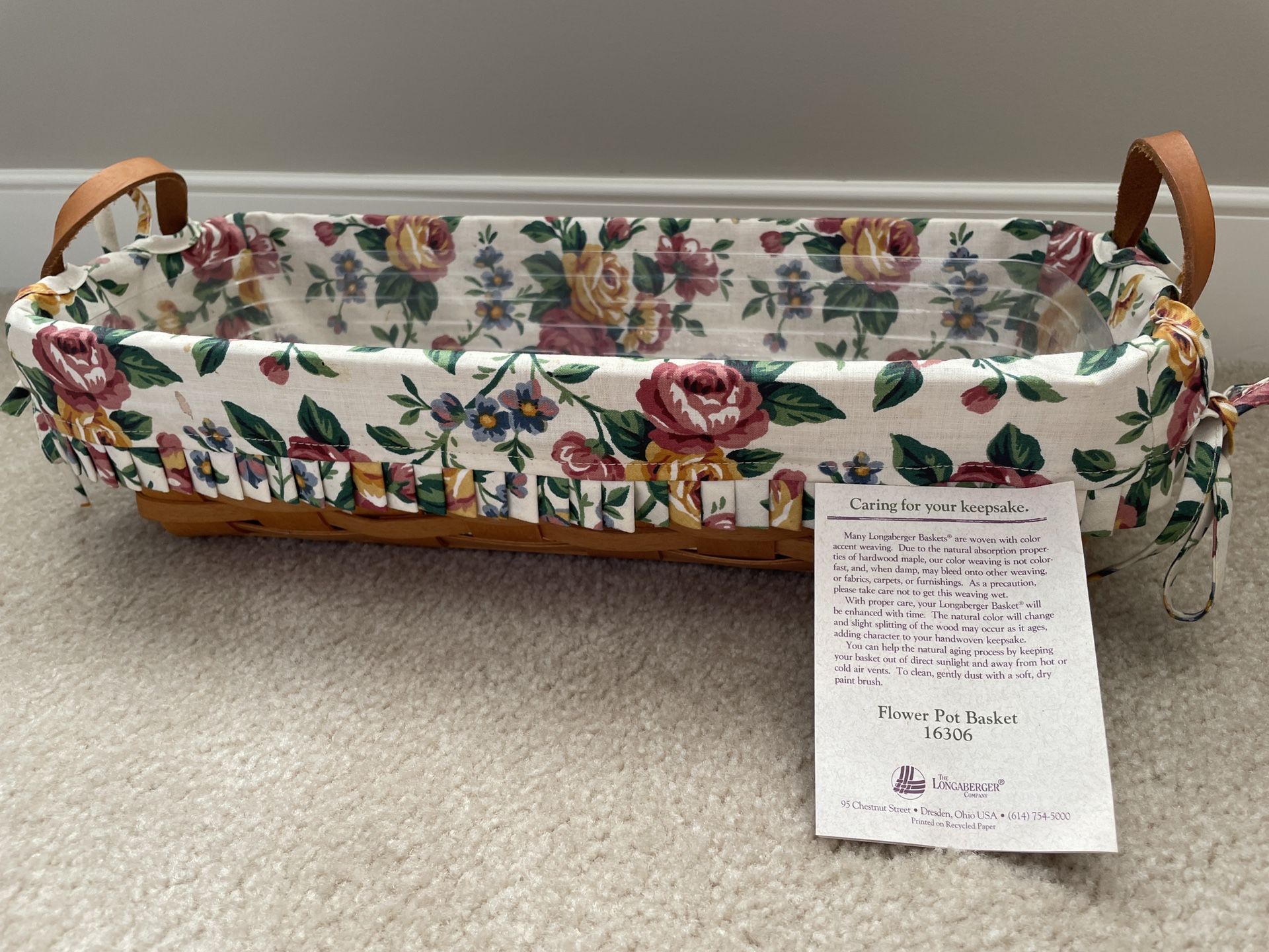 Longaberger Flower Pot Basket 16306 With Floral Liner & Plastic Protector