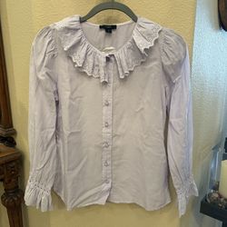 NWT~J. CREW Lavender Eyelet Ruffled Collar Cuffs Blouse Size 2