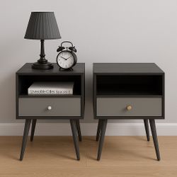 Set Of 2 Dark Gray Nightstand with 1 Drawer, Suitable for Bedroom, Living Room, Side Table [NEW] **Assembly Req** 