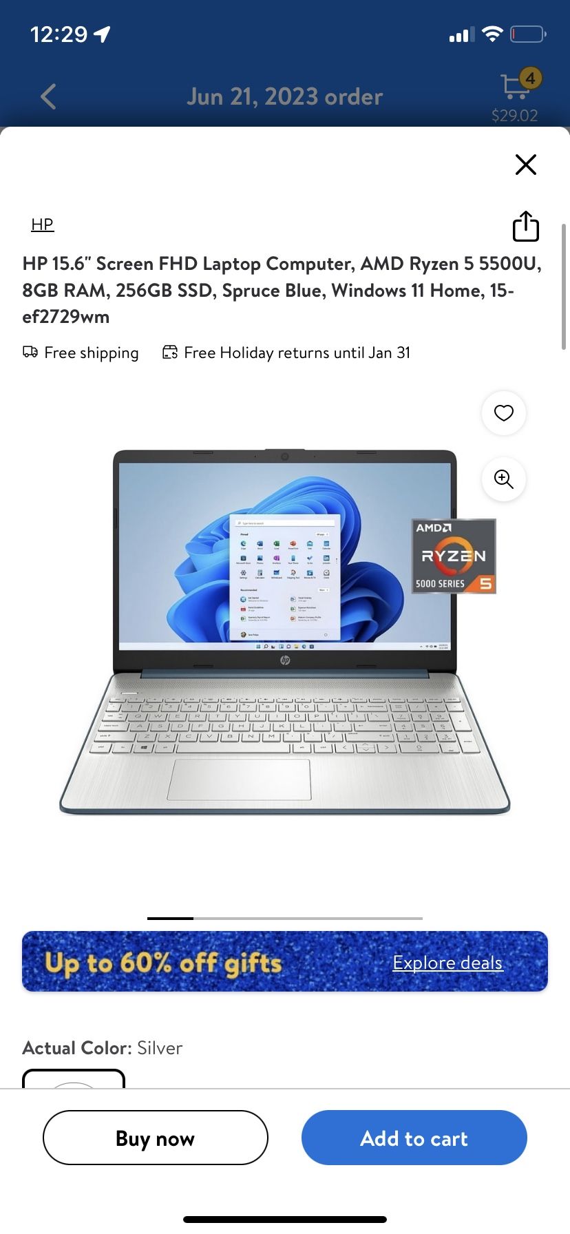 HP 15.6" Screen FHD Laptop Computer, AMD Ryzen 5 5500U, 8GB RAM, 256GB SSD, Spruce Blue, Windows 11