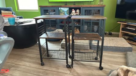 Industrial Rolling End Tables with Storage Baskets – Set of 2