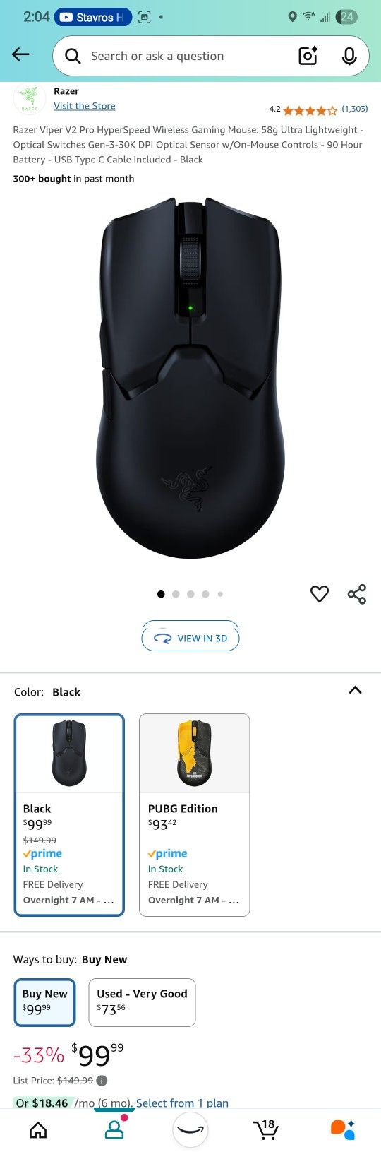 Razer Viper V2 Pro HyperSpeed Wireless Gaming Mouse:: 58g Ultra Lightweight - Optical Switches Gen-3-30K DPI Optical Sensor w/On-Mouse Controls