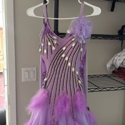 Purple Sequin Long Sleeve Ballroom dress with feathers