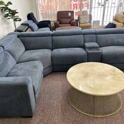 Furniture-  5 Pc Modular Fabric Sectional with 2 Power Recliners- Nevio